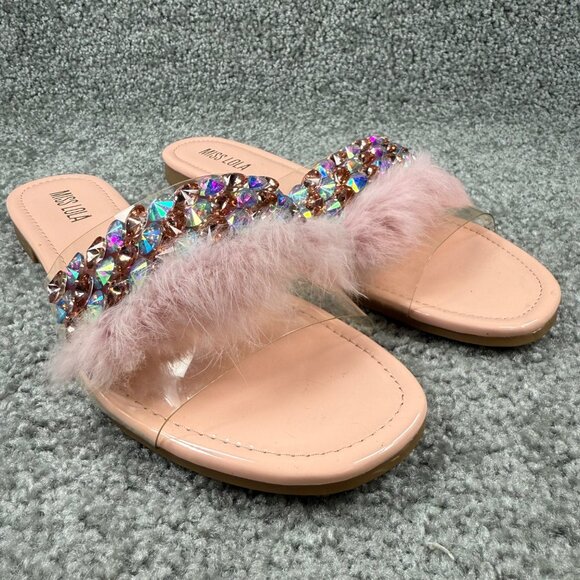 Faux Fur & Rhinestone Embellished Pink Slide Sandals Miss Lola Size 9 Slip On - Picture 2 of 16